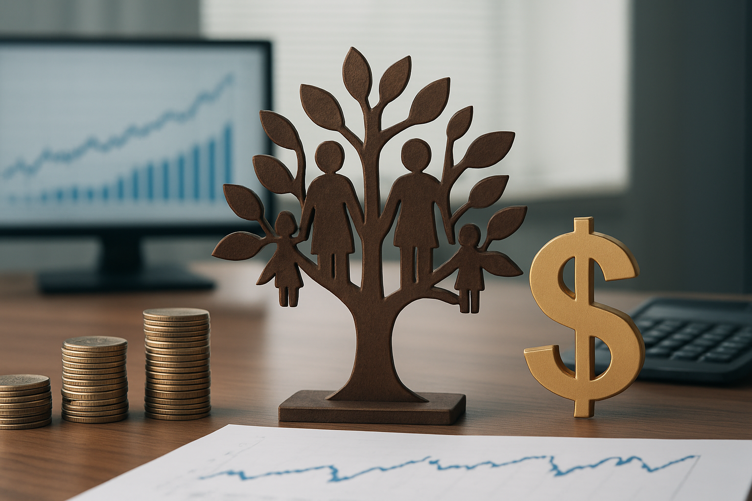 A decorative family tree figure alongside coins and a dollar sign on a desk, symbolizing finance and family planning.