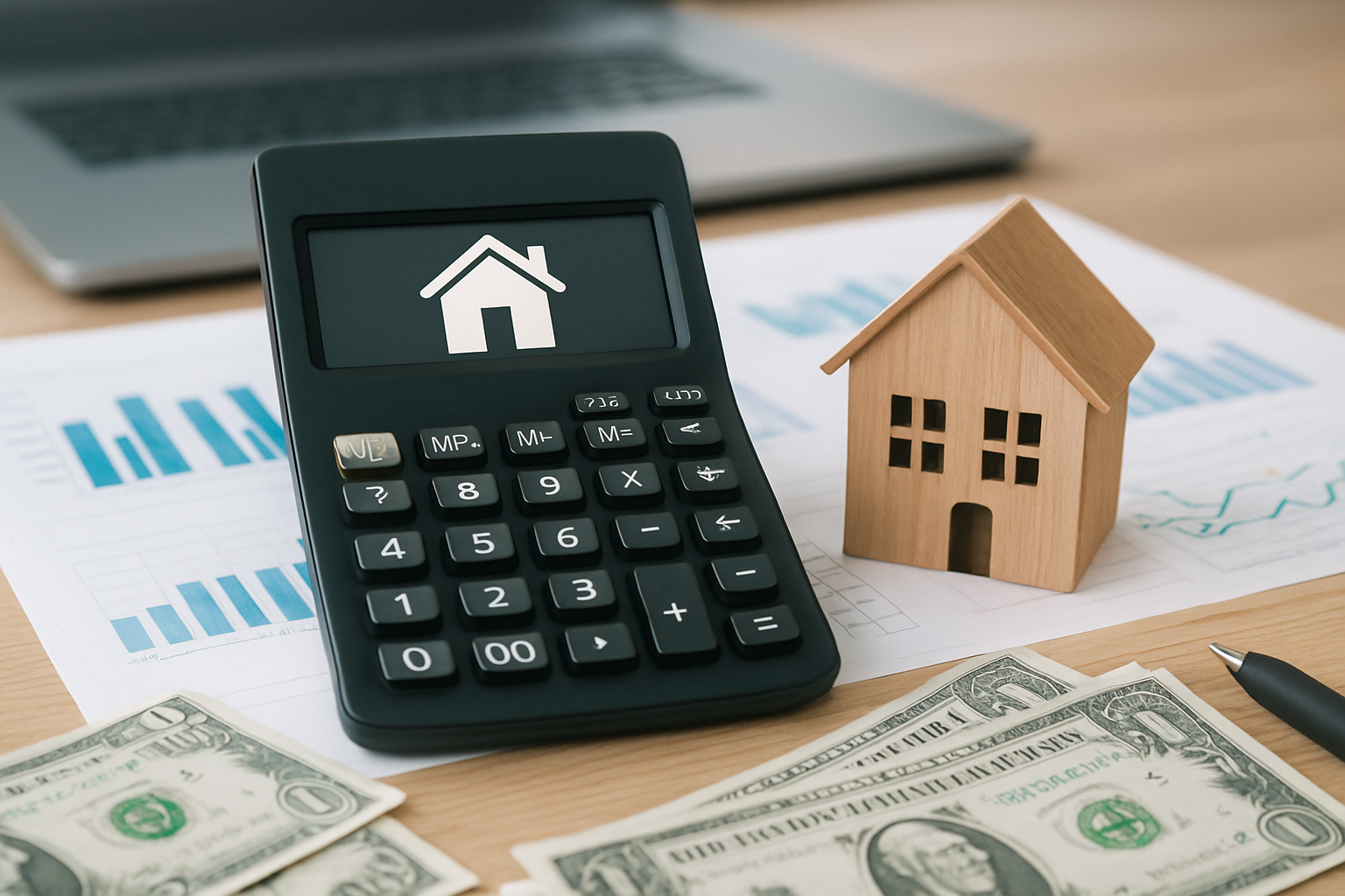 A calculator displaying a house icon next to a wooden house model and cash on a desk with financial graphs in the backgr